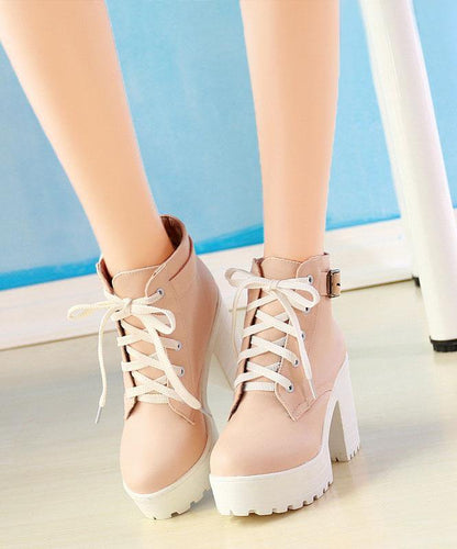 Cross Strap Chunky Boots Pink Faux Leather
