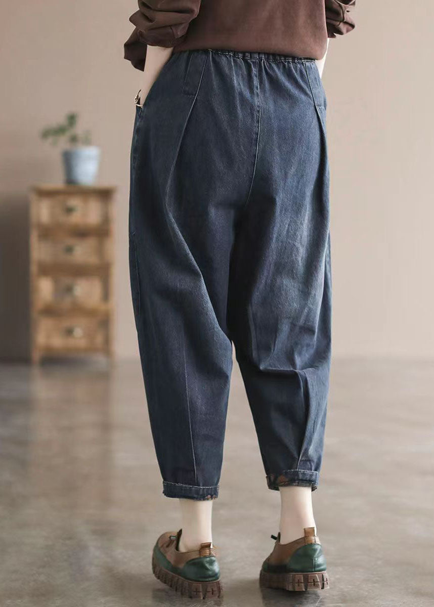 Dark Blue Elastic Waist Pockets Patchwork Applique Print Cotton Harem Pants Fall