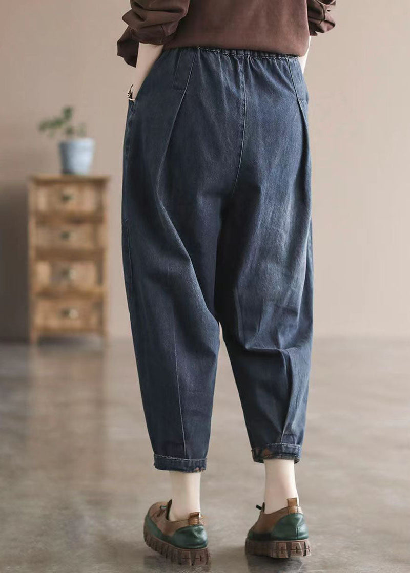 Dark Blue Elastic Waist Pockets Patchwork Applique Print Cotton Harem Pants Fall