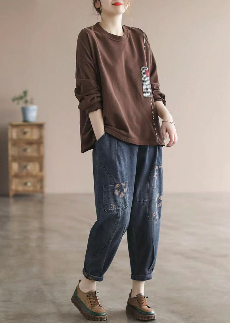 Dark Blue Elastic Waist Pockets Patchwork Applique Print Cotton Harem Pants Fall