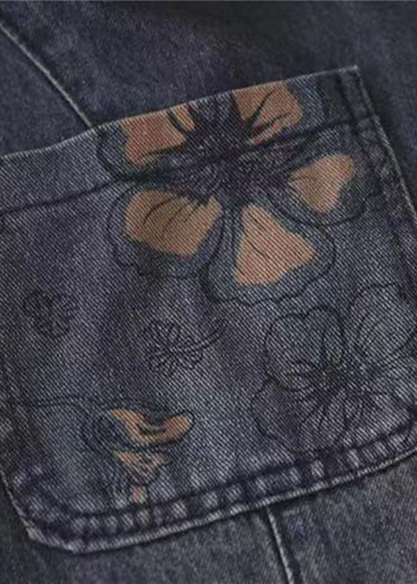 Dark Blue Elastic Waist Pockets Patchwork Applique Print Cotton Harem Pants Fall