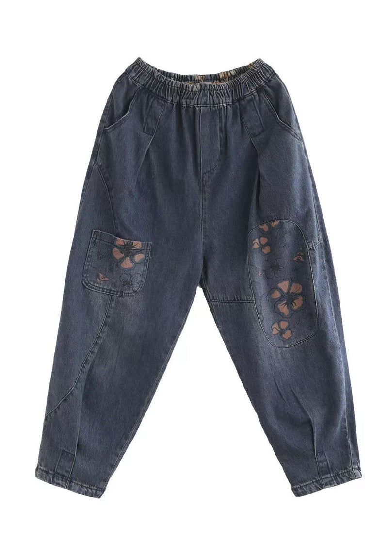 Dark Blue Elastic Waist Pockets Patchwork Applique Print Cotton Harem Pants Fall