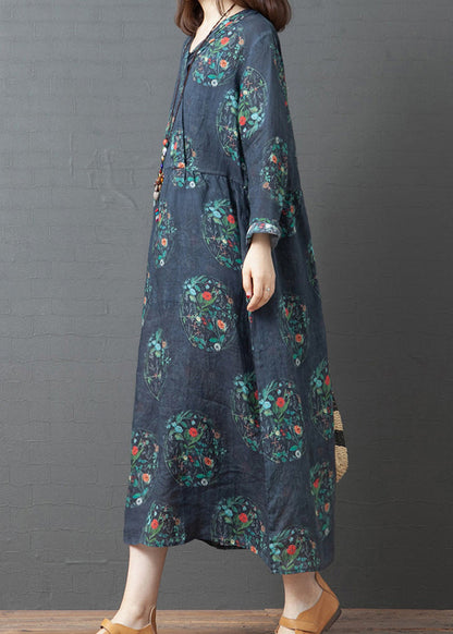 Dark Blue Print Linen Holiday Long Dress Spring