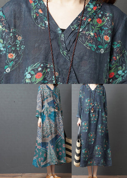Dark Blue Print Linen Holiday Long Dress Spring