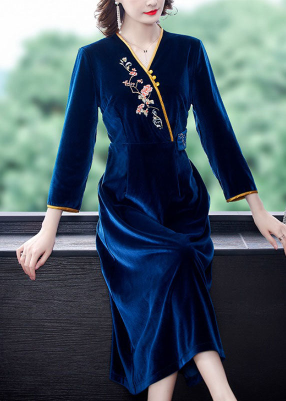 Dark Blue V Neck Embroidered Silk Velour Holiday Dress Long Sleeve