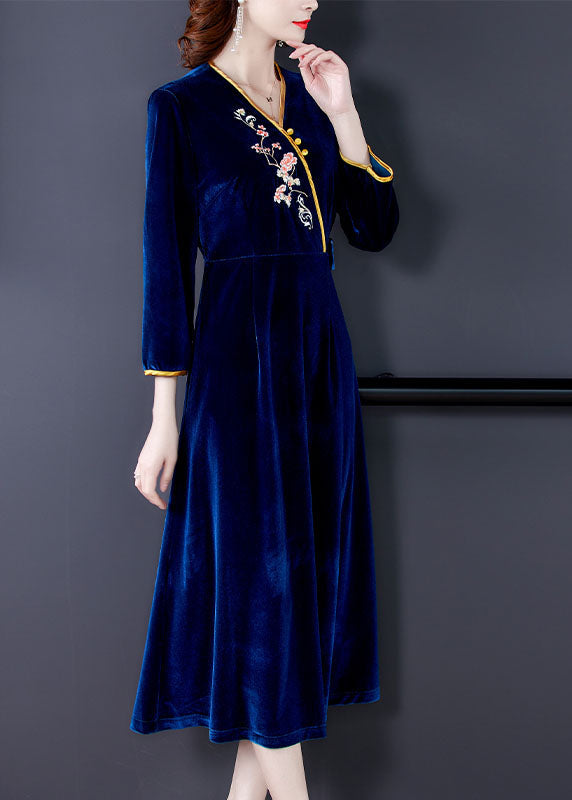 Dark Blue V Neck Embroidered Silk Velour Holiday Dress Long Sleeve