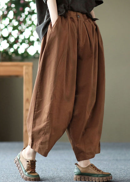 Dark Chocolate Elastic Waist Pockets Cotton Harem Pants Summer