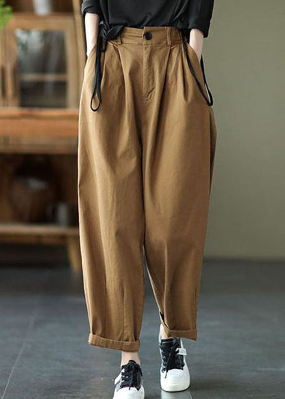 Dark Khaki Pockets Patchwork Cotton Pants Summer