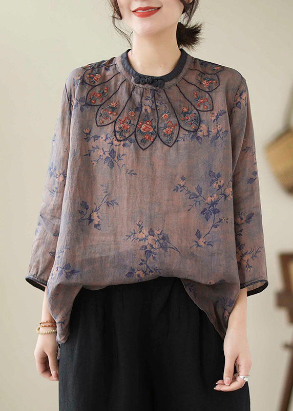 Dark Purple Embroideried Print Linen Tops Spring
