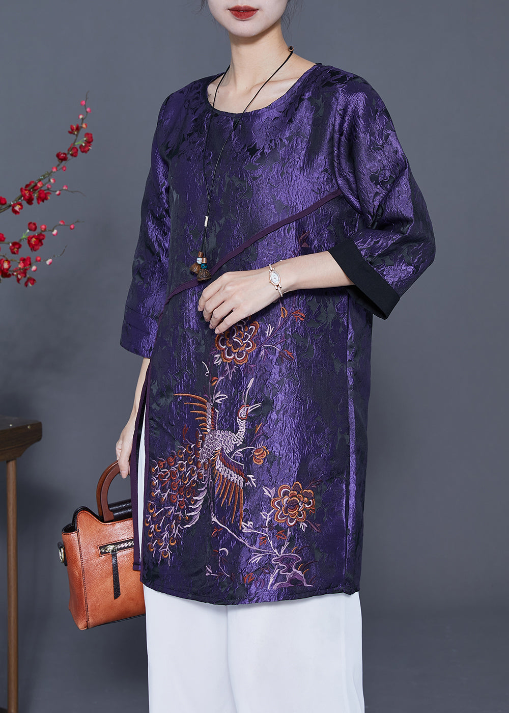 Dark Purple Embroideried Side Open Silk Shirts Bracelet Sleeve