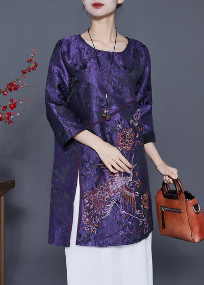 Dark Purple Embroideried Side Open Silk Shirts Bracelet Sleeve