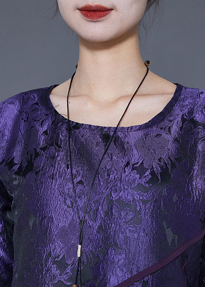 Dark Purple Embroideried Side Open Silk Shirts Bracelet Sleeve