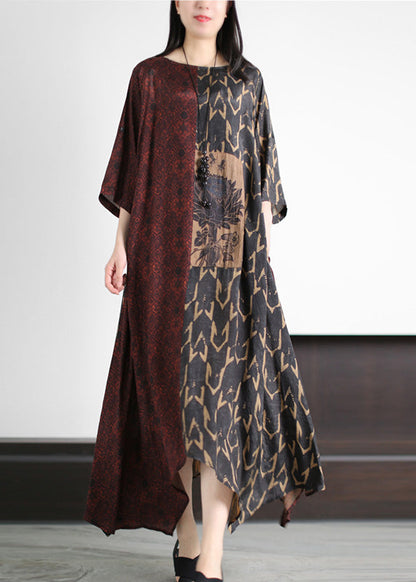 Dark Red O-neck Asymmetrical Print Patchwork Silk Maxi Dress Half Sleeve
