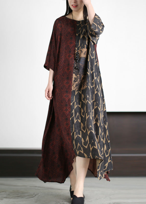 Dark Red O-neck Asymmetrical Print Patchwork Silk Maxi Dress Half Sleeve
