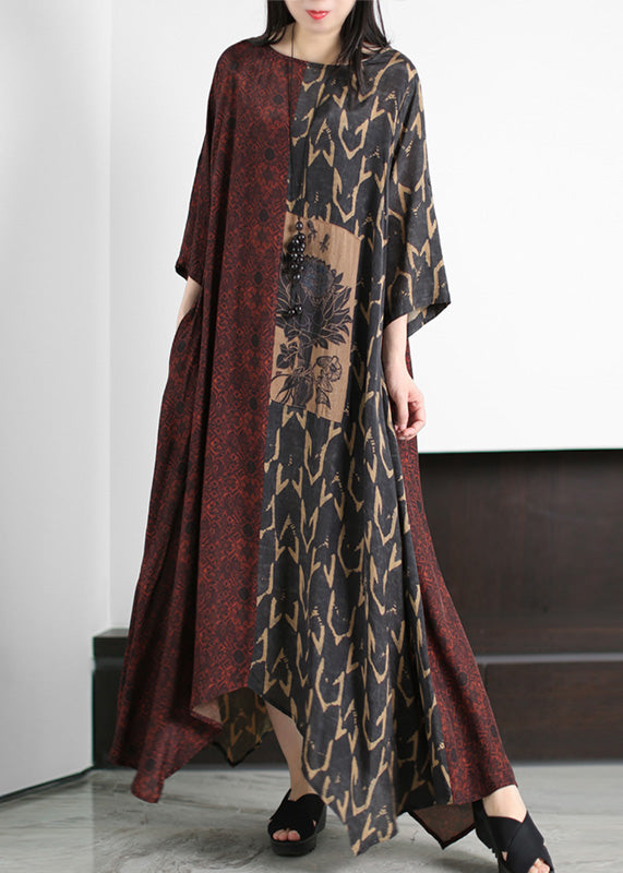 Dark Red O-neck Asymmetrical Print Patchwork Silk Maxi Dress Half Sleeve