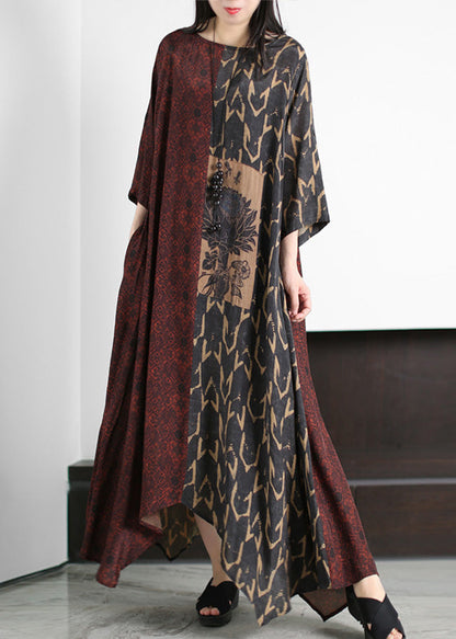 Dark Red O-neck Asymmetrical Print Patchwork Silk Maxi Dress Half Sleeve