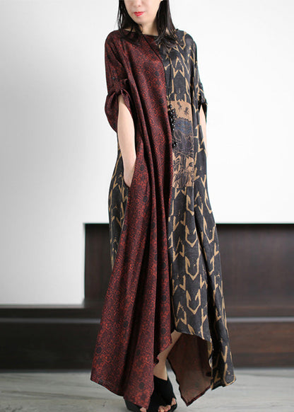 Dark Red O-neck Asymmetrical Print Patchwork Silk Maxi Dress Half Sleeve