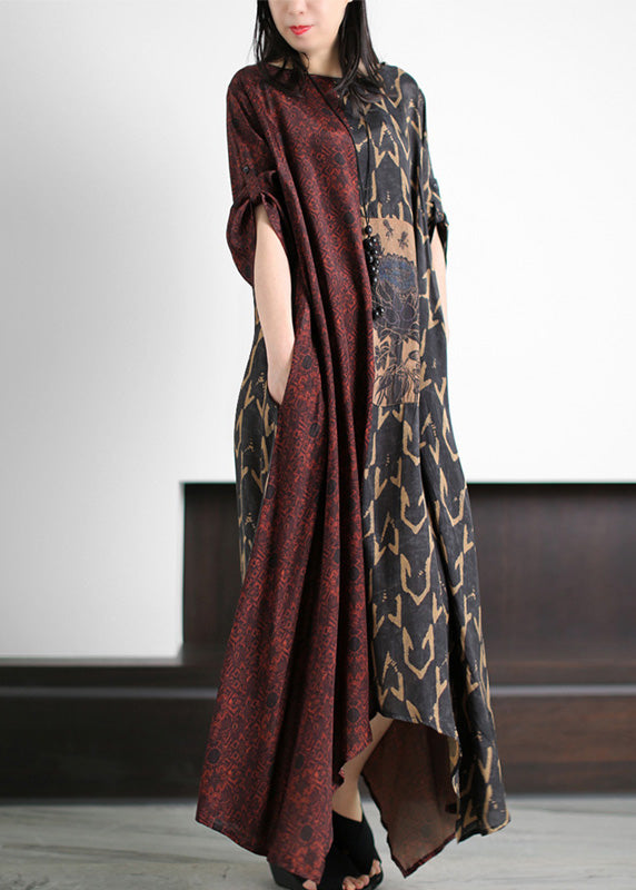 Dark Red O-neck Asymmetrical Print Patchwork Silk Maxi Dress Half Sleeve