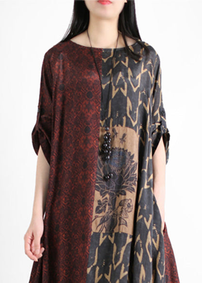 Dark Red O-neck Asymmetrical Print Patchwork Silk Maxi Dress Half Sleeve