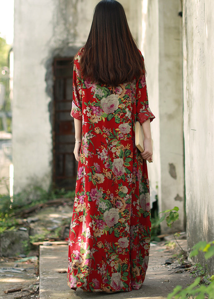 Dark Red O-neck Pocket Print Cotton Long Dresses Long Sleeve