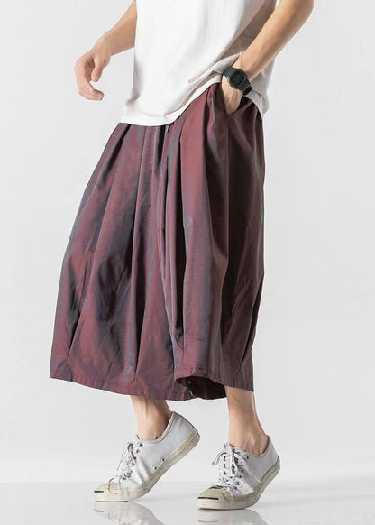 Dark Red Pockets Elastic Waist Lantern Pants