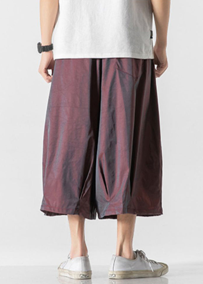 Dark Red Pockets Elastic Waist Lantern Pants