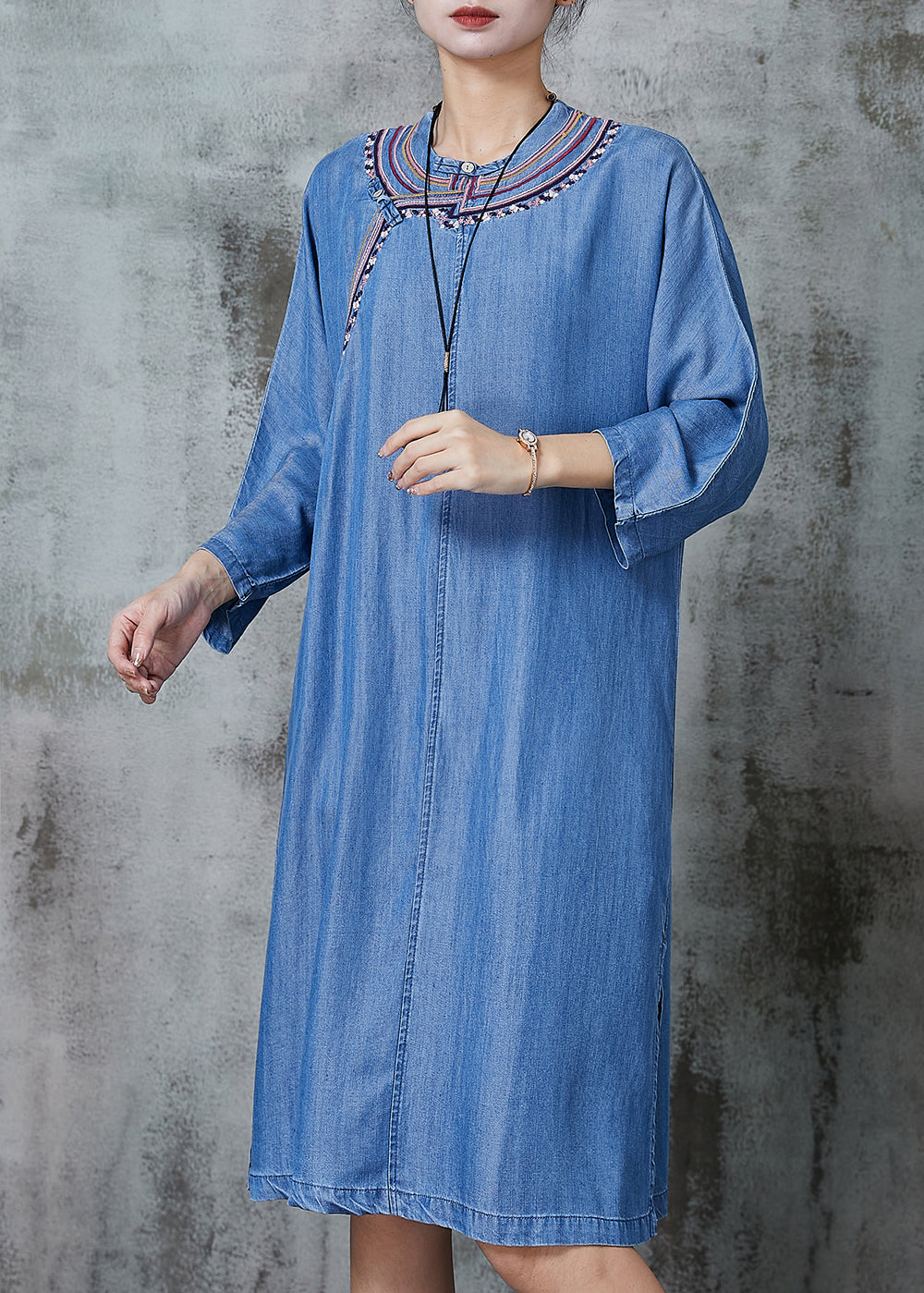 Denim Blue Embroidered Side Open Dresses Summer