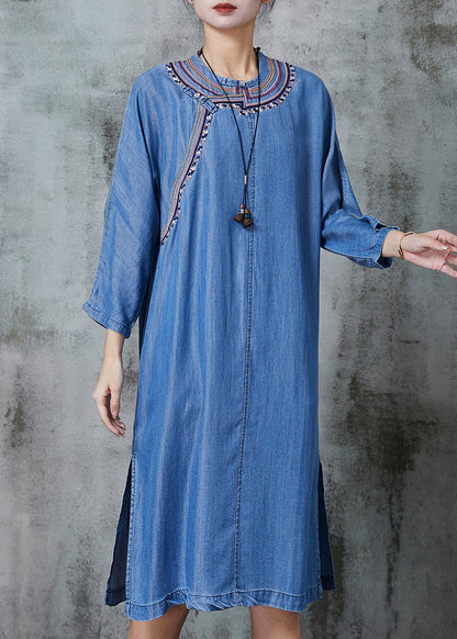 Denim Blue Embroidered Side Open Dresses Summer