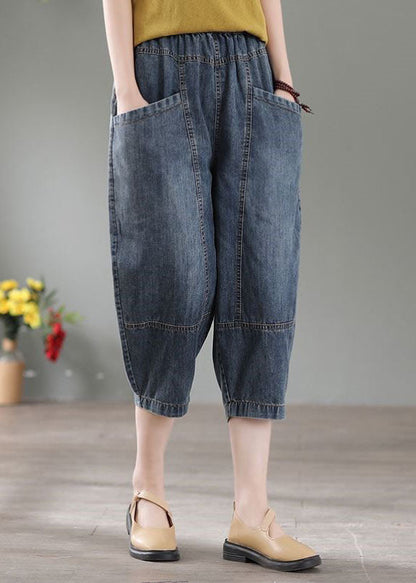 Denim Blue High Waist Pockets Cotton Crop Pants Summer