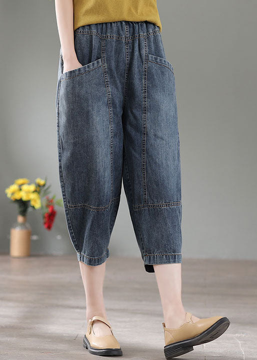 Denim Blue High Waist Pockets Cotton Crop Pants Summer