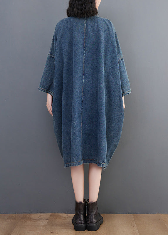 Denim Blue O-neck Patchwork Button Long Dress Long Sleeve