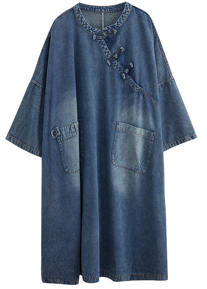 Denim Blue O-neck Patchwork Button Long Dress Long Sleeve