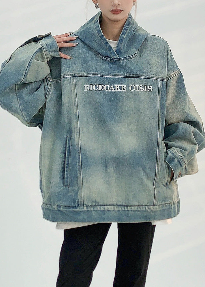Denim Blue Patchwork Embroidered Hooded Coat Spring