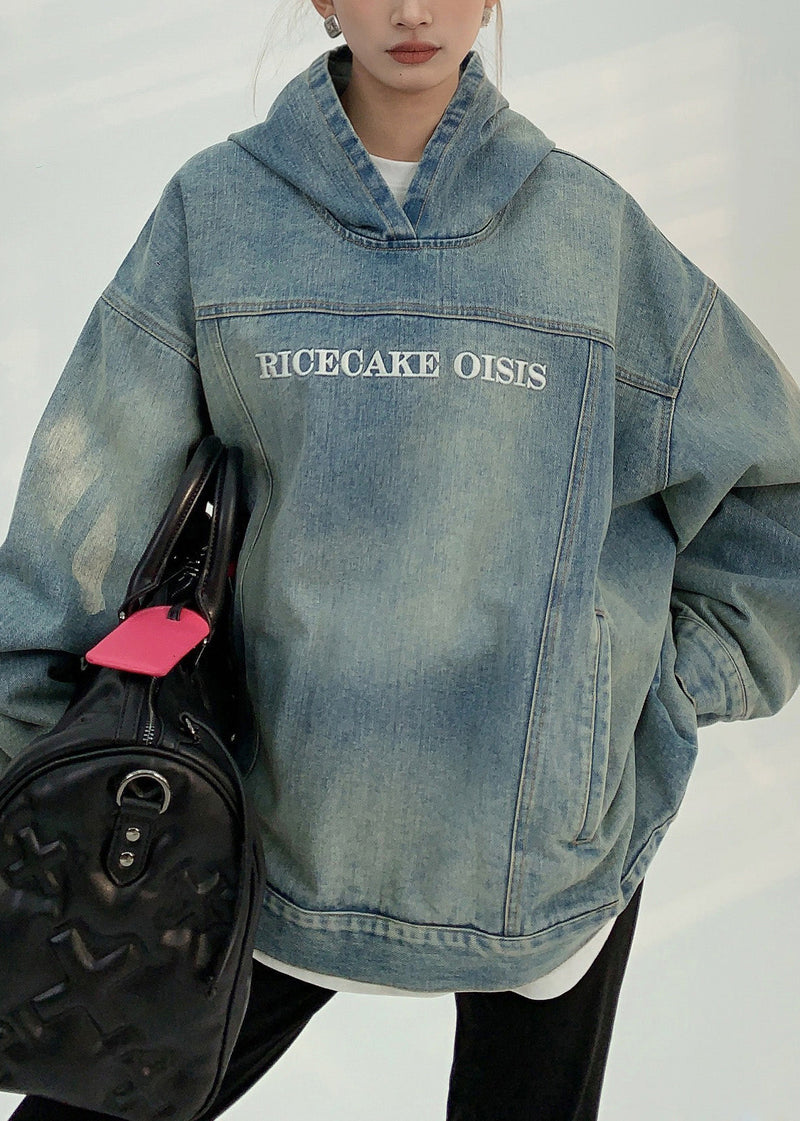 Denim Blue Patchwork Embroidered Hooded Coat Spring
