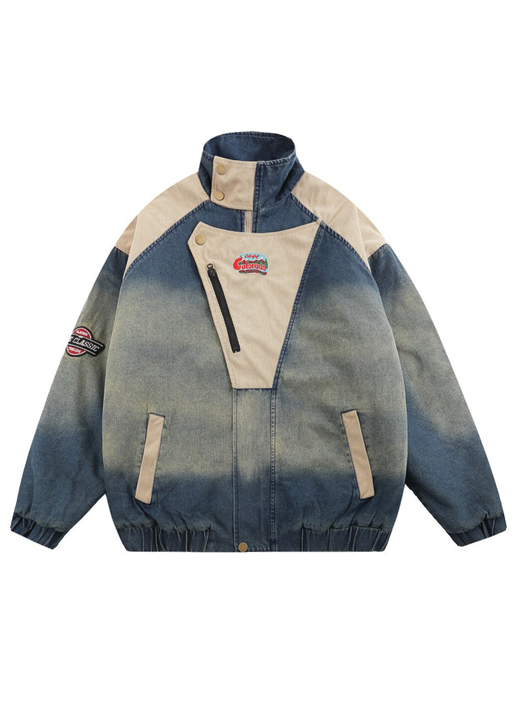 Denim Blue Stand Collar Patchwork Fine Cotton Filled Coats Winter