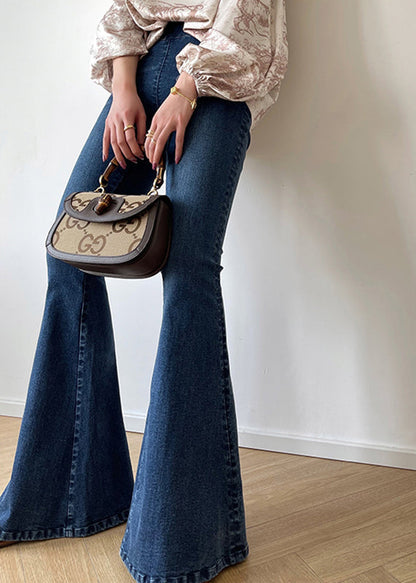 Denim Blue Zippered High Waist Pockets Flares Pants Fall