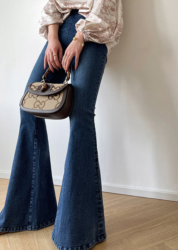 Denim Blue Zippered High Waist Pockets Flares Pants Fall