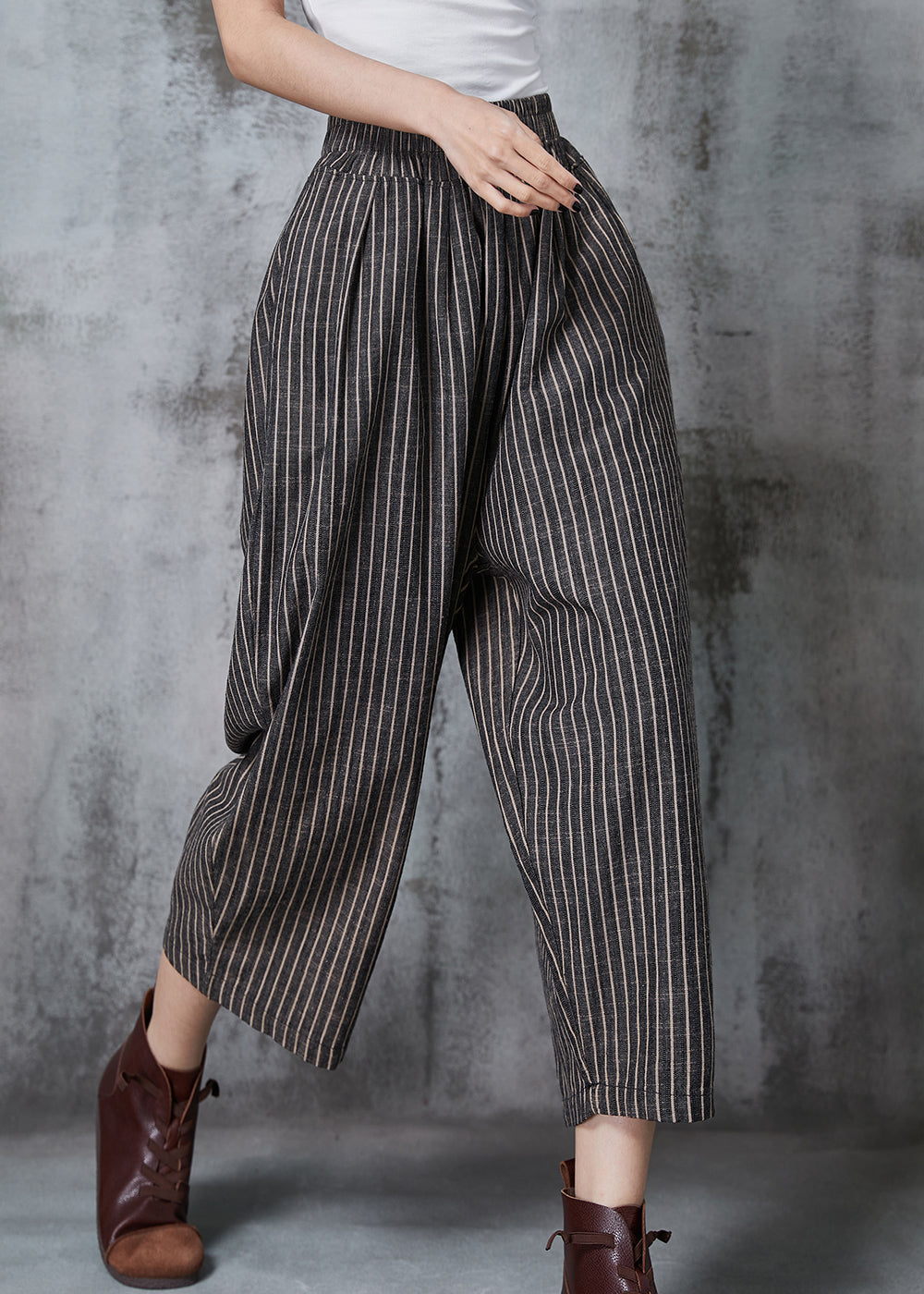 Dull Grey Oversized Striped Linen Harem Pants Summer