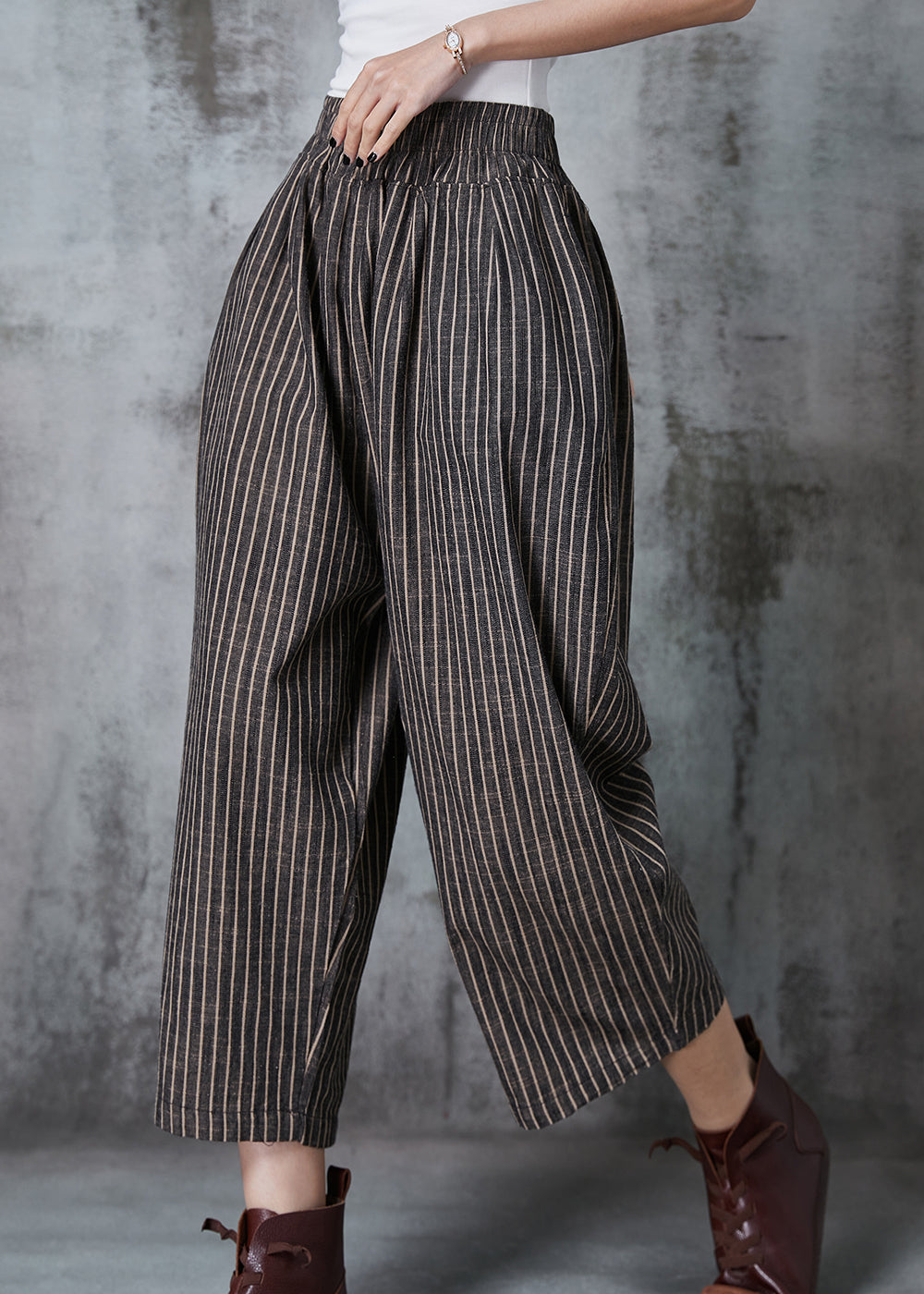 Dull Grey Oversized Striped Linen Harem Pants Summer