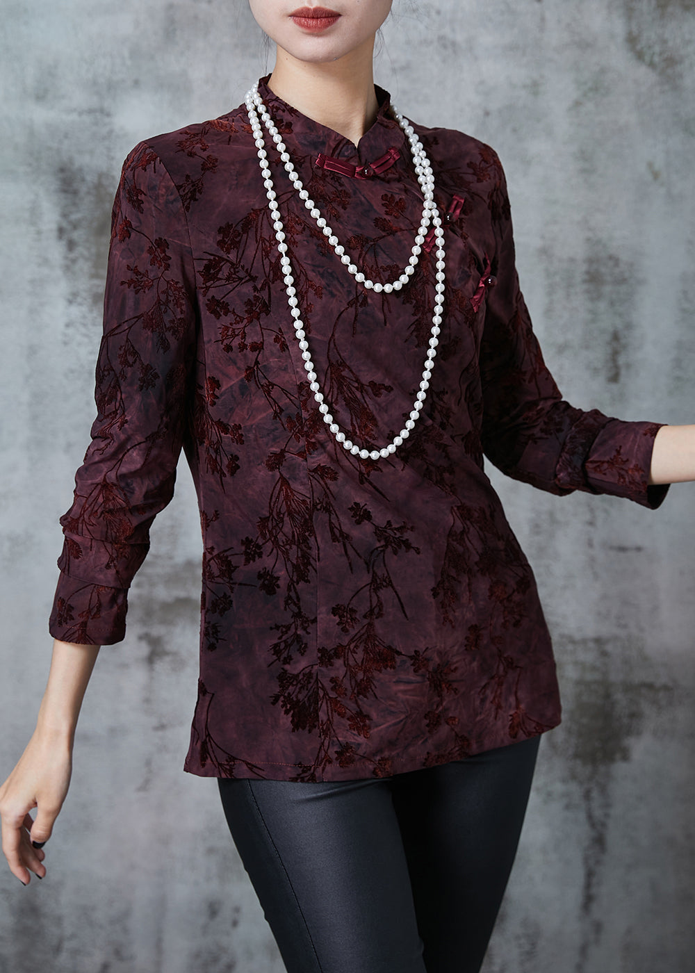 Vintage Dull Purple Mandarin Collar Jacquard Velour Oriental Tops Fall