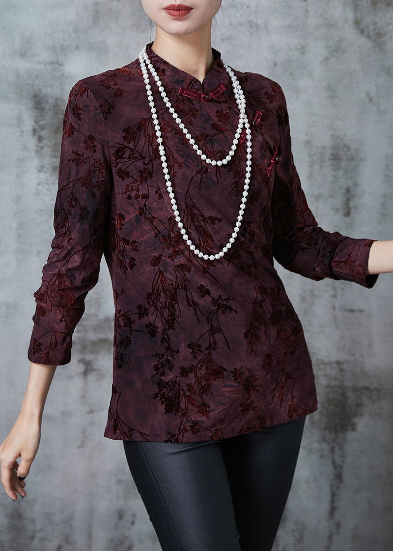Dull Purple Mandarin Collar Jacquard Velour Oriental Tops Fall