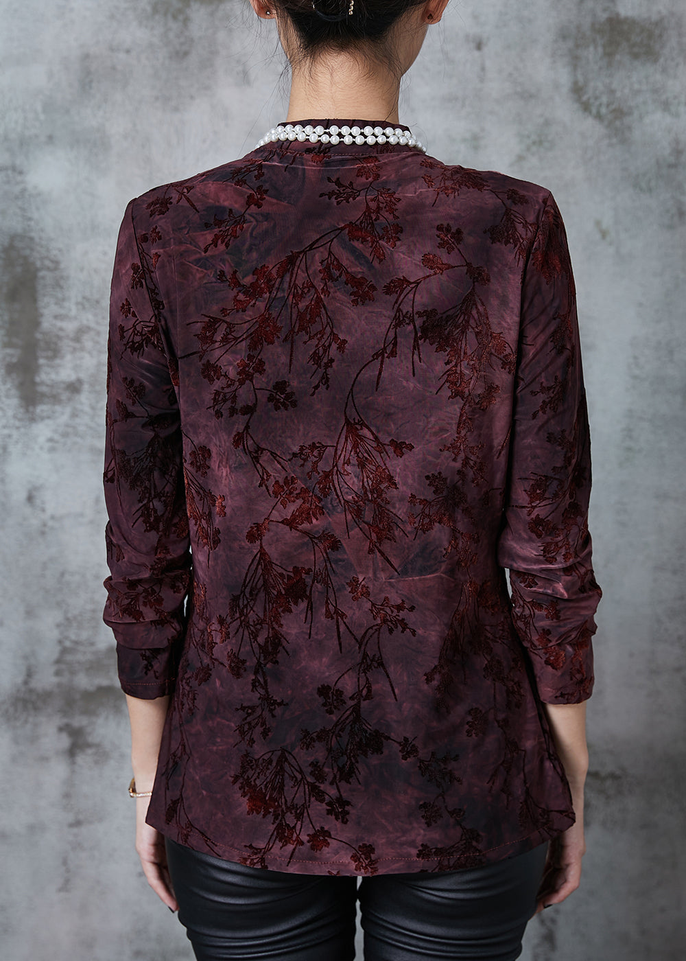 Vintage Dull Purple Mandarin Collar Jacquard Velour Oriental Tops Fall