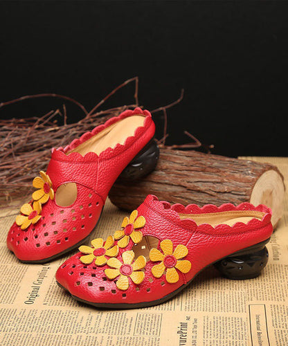 Splicing Red Cowhide Leather Slide Sandals