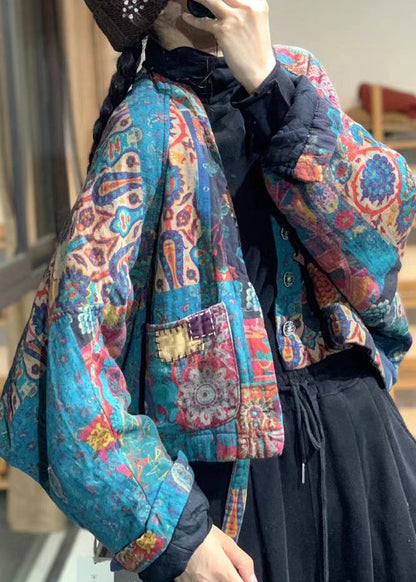 Flower Colour V Neck Pockets Print Linen Parka Batwing Sleeve