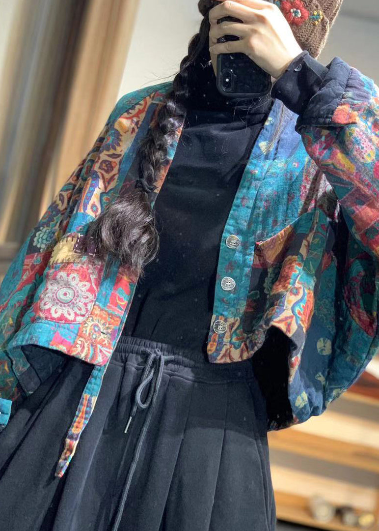 Flower Colour V Neck Pockets Print Linen Parka Batwing Sleeve