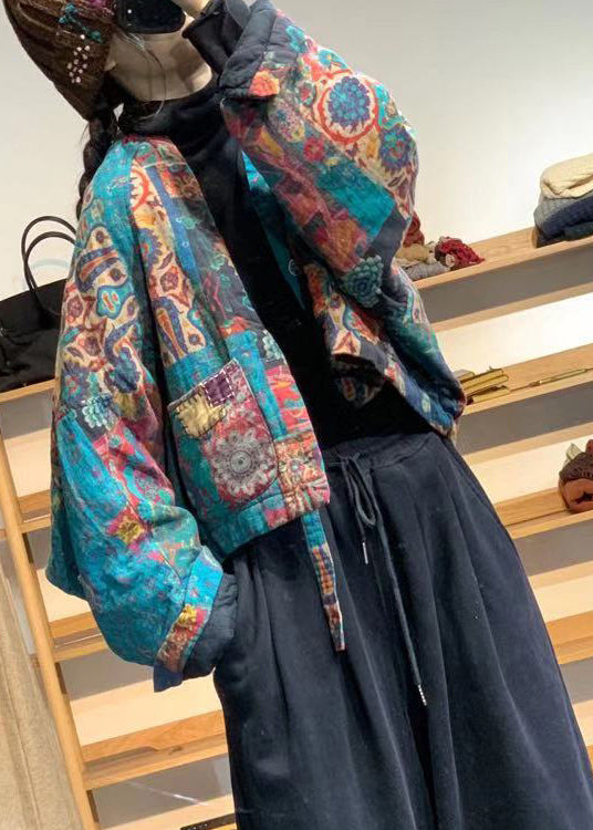 Flower Colour V Neck Pockets Print Linen Parka Batwing Sleeve