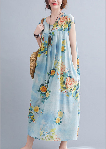 Flower Number Five O-neck Print Pockets Wrinkled Cotton Long Dress Short Sleeve