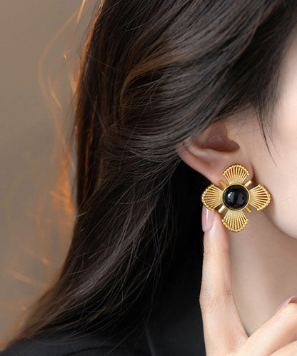 Gold Copper Crystal Hollow Out Stud Earrings