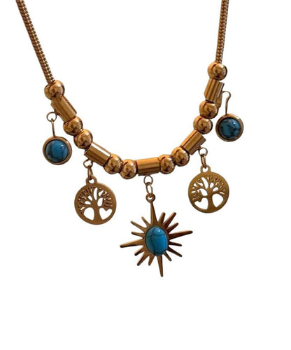 Gold Sterling Silver Overgild Turquoise Sunflower Tassel Pendant Necklace
