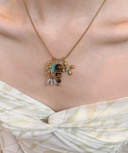 Gold Tiger's Eye Cross Gold Plated Pendant Necklace
